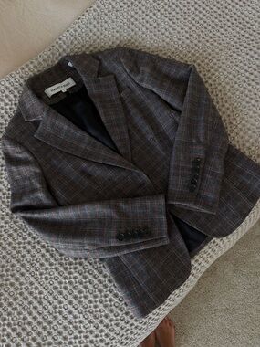 Veronica Beard Brown Plaid Wool Blend Blazer with Subtle Rust & Blue